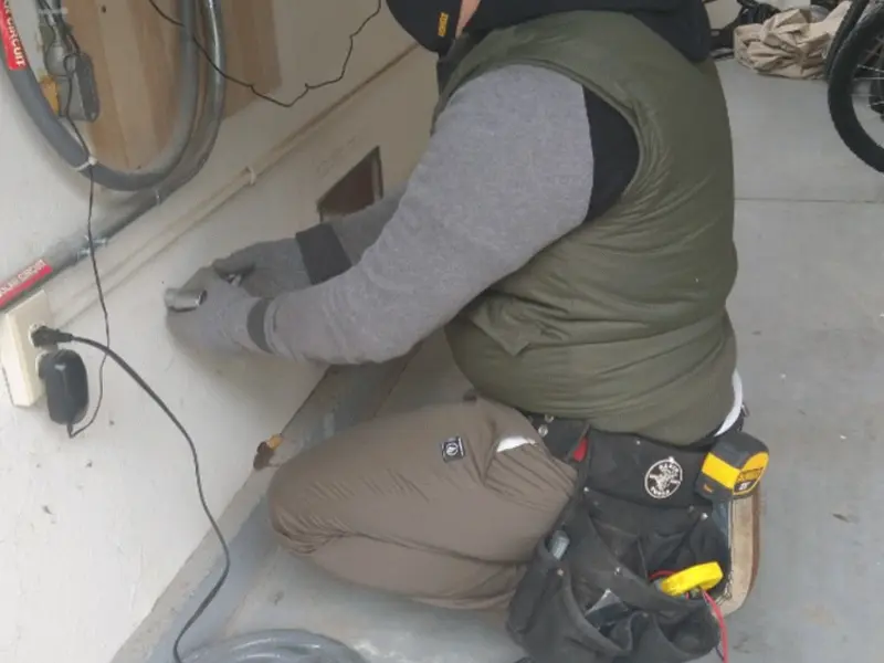Electrician performing outlet wiring in a South Whitehall garage